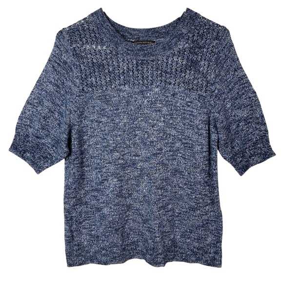 Banana Republic Tops - Banana Republic Blue Marled Knit Top M Pullover Crew Neck Short Sleeve Pointelle
